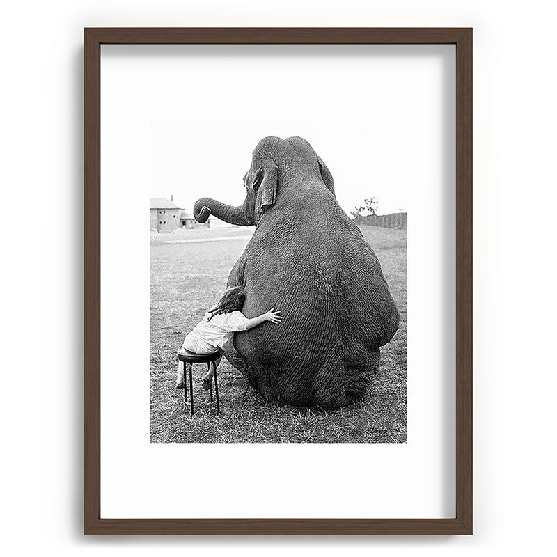 Odd Best Friends, Sweet Little Girl hugging elephant black and white photograph Framed Art Print Gallery Image 91