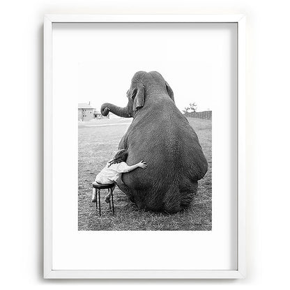 Odd Best Friends, Sweet Little Girl hugging elephant black and white photograph Framed Art Print Gallery Image 108