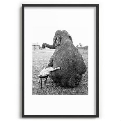 Odd Best Friends, Sweet Little Girl hugging elephant black and white photograph Framed Art Print Gallery Image 85