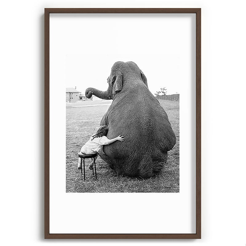 Odd Best Friends, Sweet Little Girl hugging elephant black and white photograph Framed Art Print Gallery Image 94