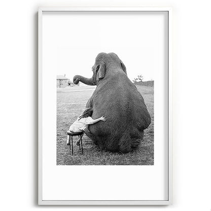 Odd Best Friends, Sweet Little Girl hugging elephant black and white photograph Framed Art Print Gallery Image 110
