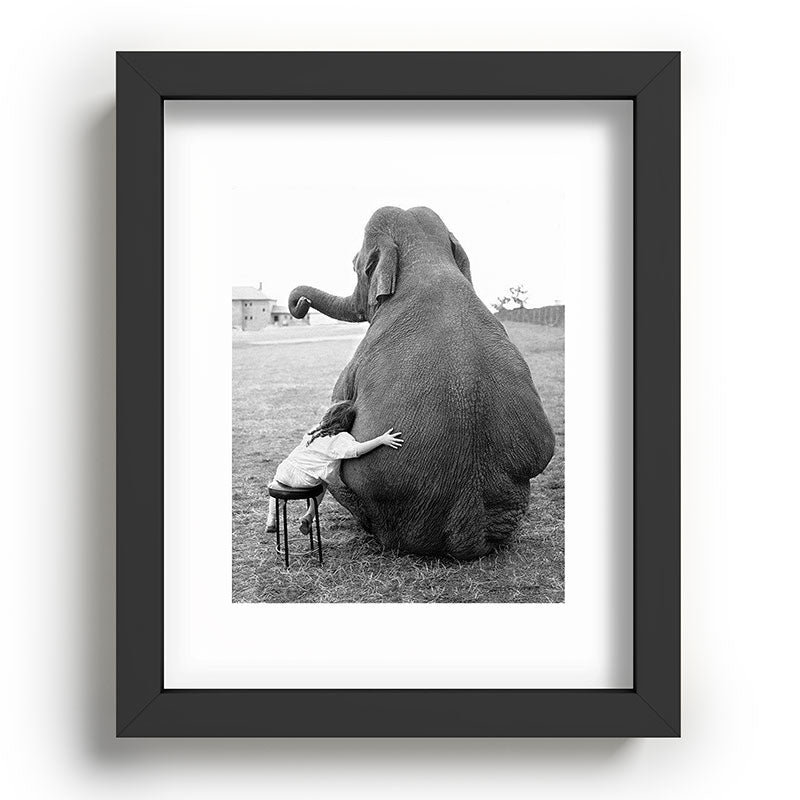 Odd Best Friends, Sweet Little Girl hugging elephant black and white photograph Framed Art Print Gallery Image 80