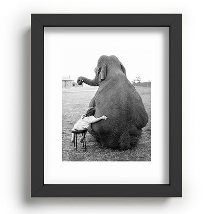 Odd Best Friends, Sweet Little Girl hugging elephant black and white photograph Framed Art Print Gallery Image 80