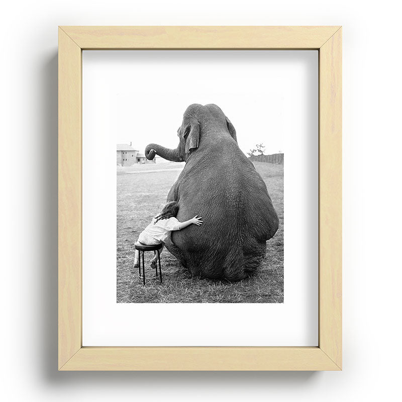 Odd Best Friends, Sweet Little Girl hugging elephant black and white photograph Framed Art Print Gallery Image 96