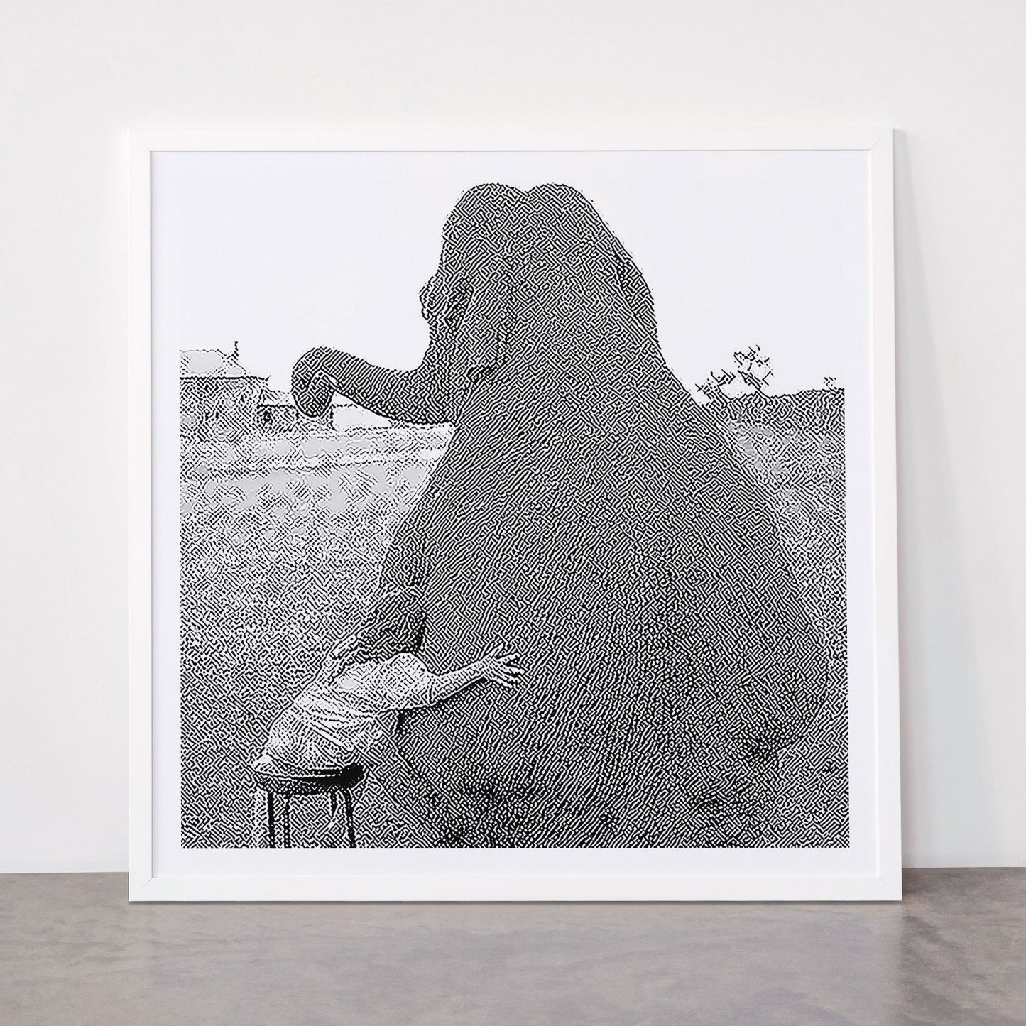 Odd Best Friends, Sweet Little Girl hugging elephant black and white photograph Framed Art Print Gallery Image 87
