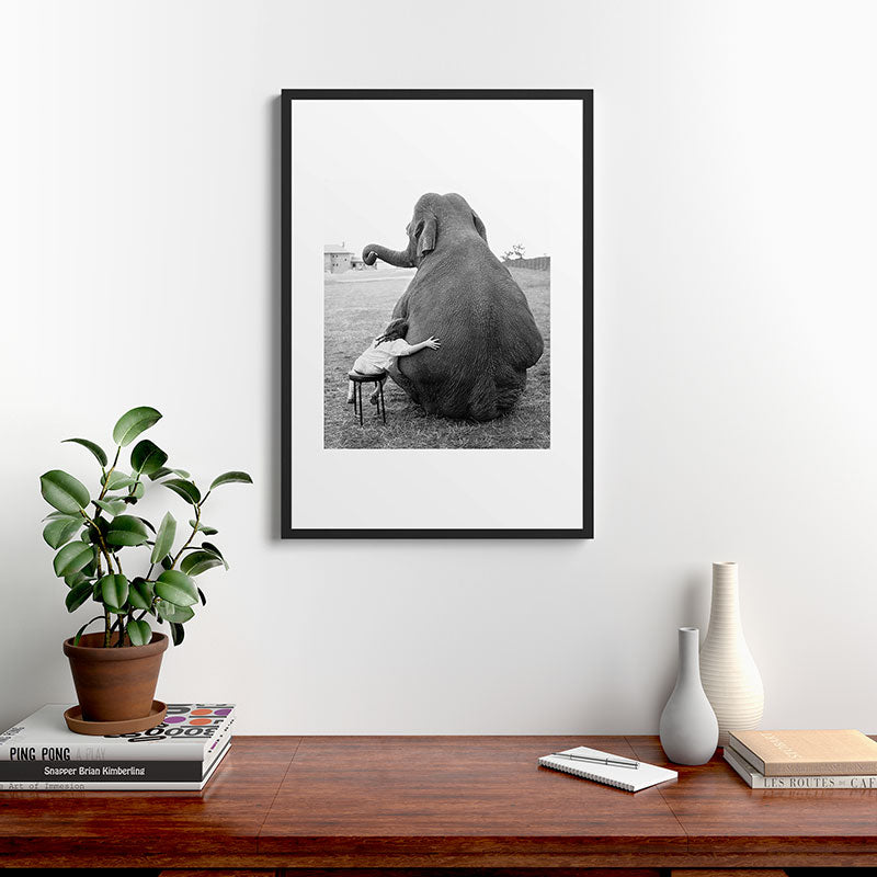Odd Best Friends, Sweet Little Girl hugging elephant black and white photograph Framed Art Print Gallery Image 8