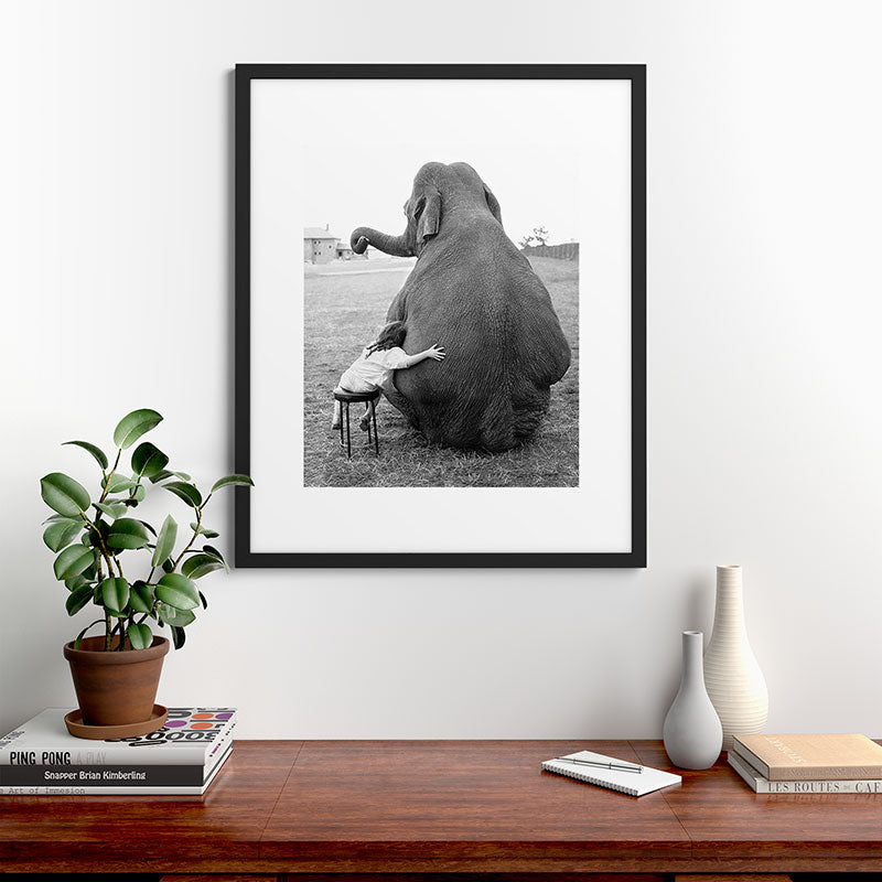Odd Best Friends, Sweet Little Girl hugging elephant black and white photograph Framed Art Print Gallery Image 48