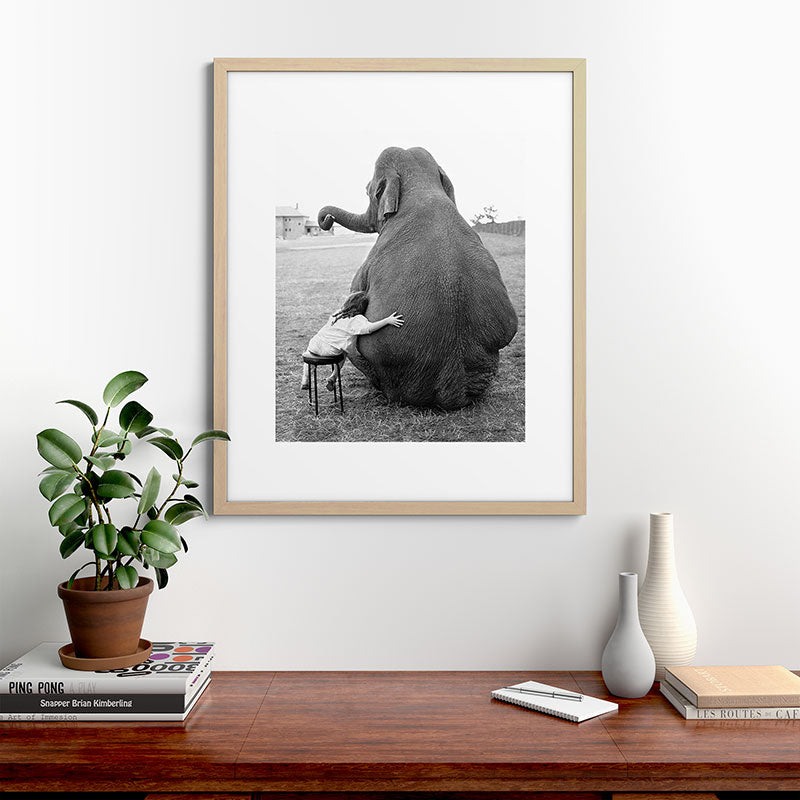 Odd Best Friends, Sweet Little Girl hugging elephant black and white photograph Framed Art Print Gallery Image 67