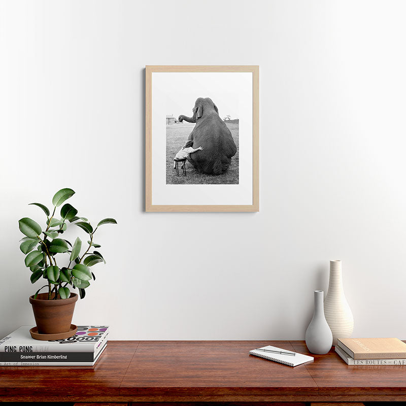 Odd Best Friends, Sweet Little Girl hugging elephant black and white photograph Framed Art Print Gallery Image 64