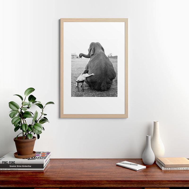 Odd Best Friends, Sweet Little Girl hugging elephant black and white photograph Framed Art Print Gallery Image 65