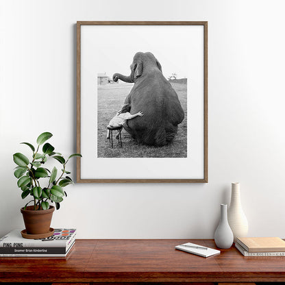 Odd Best Friends, Sweet Little Girl hugging elephant black and white photograph Framed Art Print Gallery Image 19