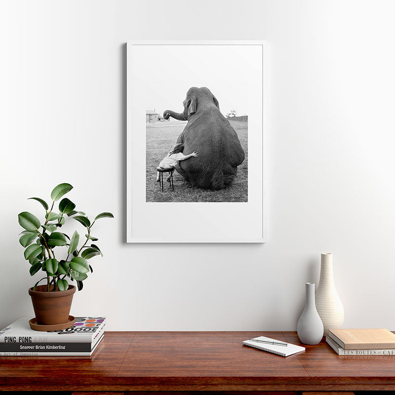 Odd Best Friends, Sweet Little Girl hugging elephant black and white photograph Framed Art Print Gallery Image 37