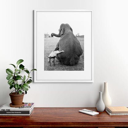 Odd Best Friends, Sweet Little Girl hugging elephant black and white photograph Framed Art Print Gallery Image 76