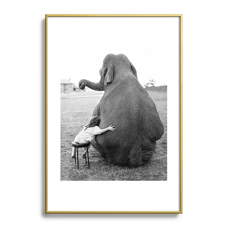 Odd Best Friends, Sweet Little Girl hugging elephant black and white photograph Framed Art Print Gallery Image 123