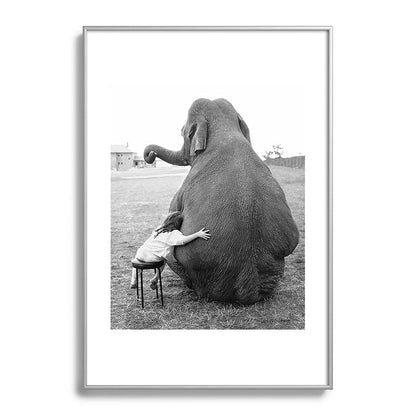 Odd Best Friends, Sweet Little Girl hugging elephant black and white photograph Framed Art Print Gallery Image 132