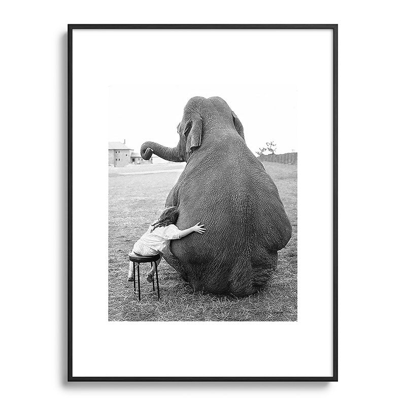 Odd Best Friends, Sweet Little Girl hugging elephant black and white photograph Framed Art Print Gallery Image 116
