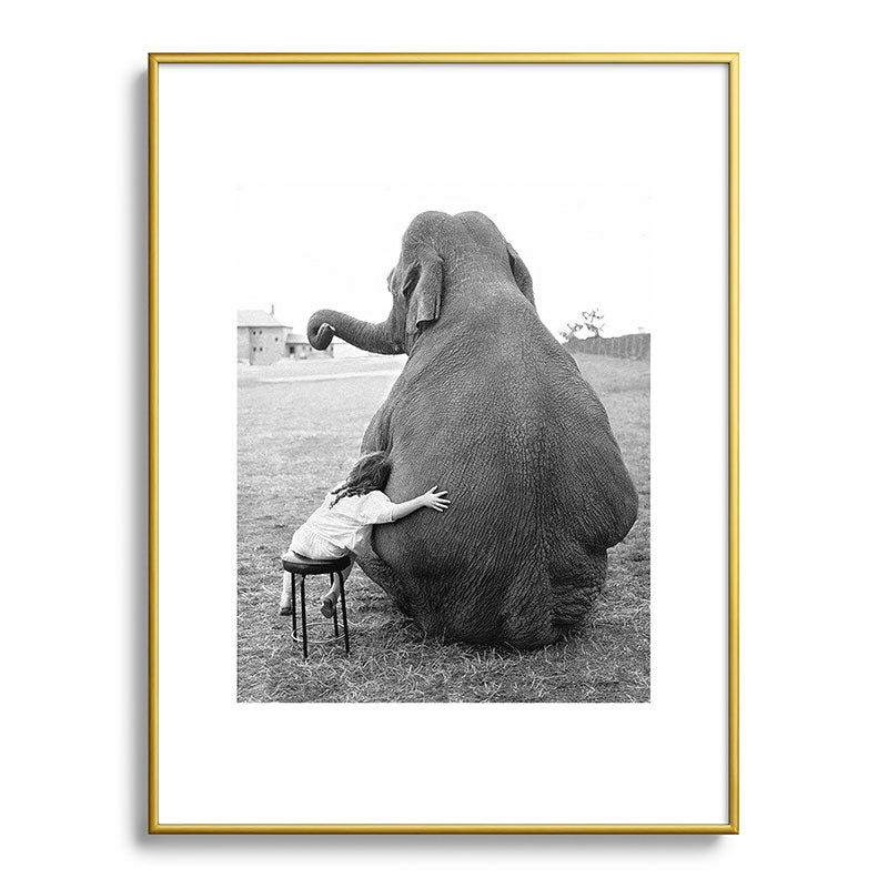 Odd Best Friends, Sweet Little Girl hugging elephant black and white photograph Framed Art Print Gallery Image 124