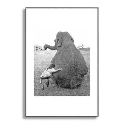 Odd Best Friends, Sweet Little Girl hugging elephant black and white photograph Framed Art Print Gallery Image 119