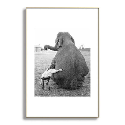 Odd Best Friends, Sweet Little Girl hugging elephant black and white photograph Framed Art Print Gallery Image 127