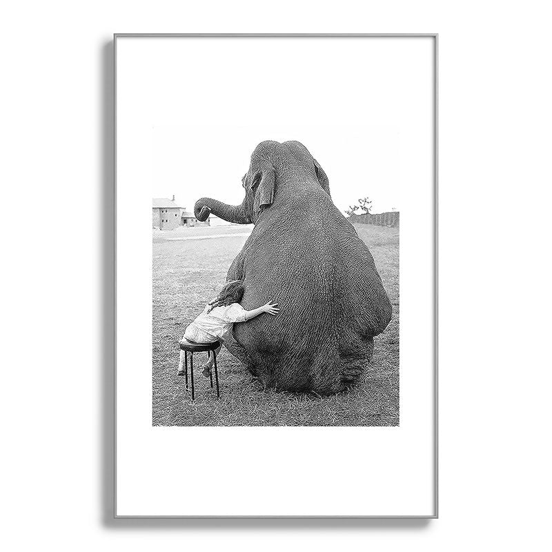 Odd Best Friends, Sweet Little Girl hugging elephant black and white photograph Framed Art Print Gallery Image 137