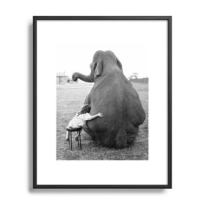 Odd Best Friends, Sweet Little Girl hugging elephant black and white photograph Framed Art Print Gallery Image 112
