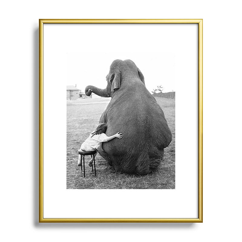 Odd Best Friends, Sweet Little Girl hugging elephant black and white photograph Framed Art Print Gallery Image 120