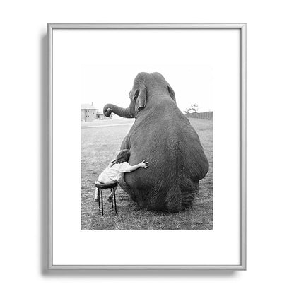 Odd Best Friends, Sweet Little Girl hugging elephant black and white photograph Framed Art Print Gallery Image 129