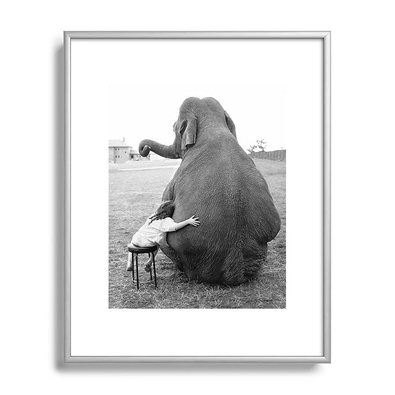 Odd Best Friends, Sweet Little Girl hugging elephant black and white photograph Framed Art Print Gallery Image 131