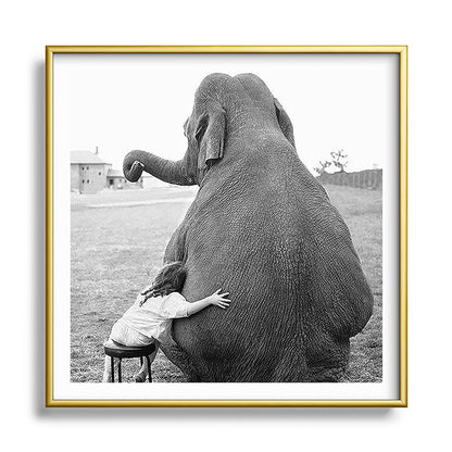Odd Best Friends, Sweet Little Girl hugging elephant black and white photograph Framed Art Print Gallery Image 133