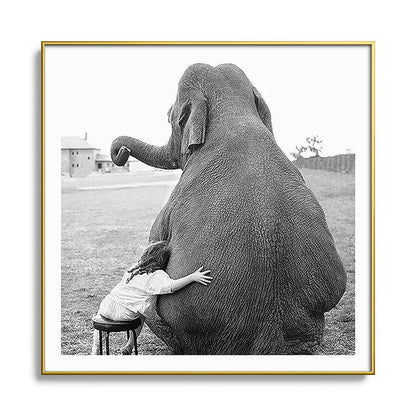 Odd Best Friends, Sweet Little Girl hugging elephant black and white photograph Framed Art Print Gallery Image 136