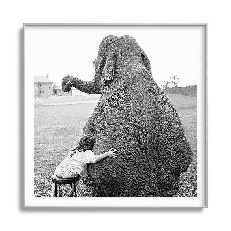 Odd Best Friends, Sweet Little Girl hugging elephant black and white photograph Framed Art Print Gallery Image 141