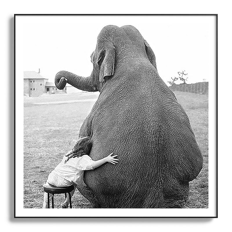 Odd Best Friends, Sweet Little Girl hugging elephant black and white photograph Framed Art Print Gallery Image 130