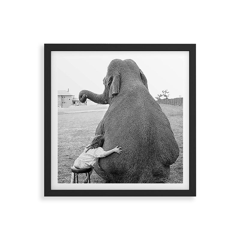 Odd Best Friends, Sweet Little Girl hugging elephant black and white photograph Framed Art Print Gallery Image 7