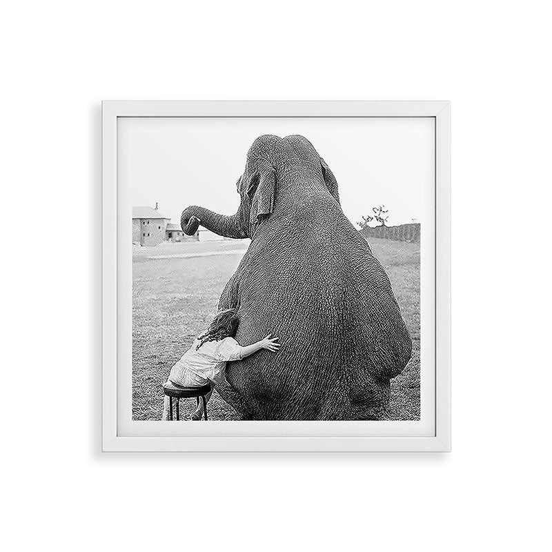 Odd Best Friends, Sweet Little Girl hugging elephant black and white photograph Framed Art Print Gallery Image 38