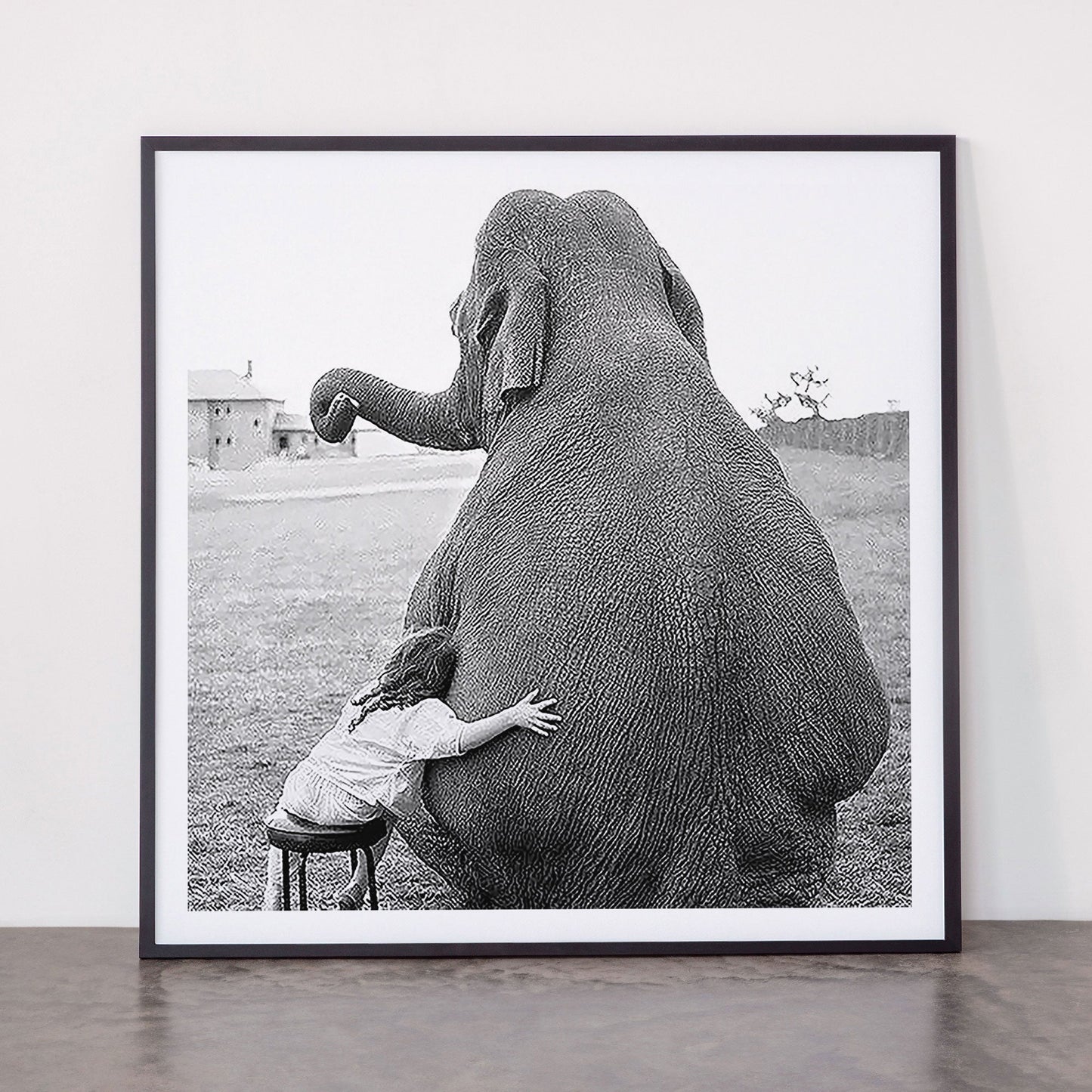 Odd Best Friends, Sweet Little Girl hugging elephant black and white photograph Framed Art Print Gallery Image 11