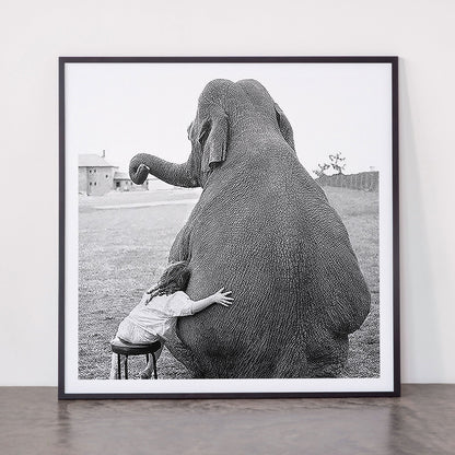 Odd Best Friends, Sweet Little Girl hugging elephant black and white photograph Framed Art Print Gallery Image 11