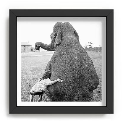 Odd Best Friends, Sweet Little Girl hugging elephant black and white photograph Framed Art Print Gallery Image 90