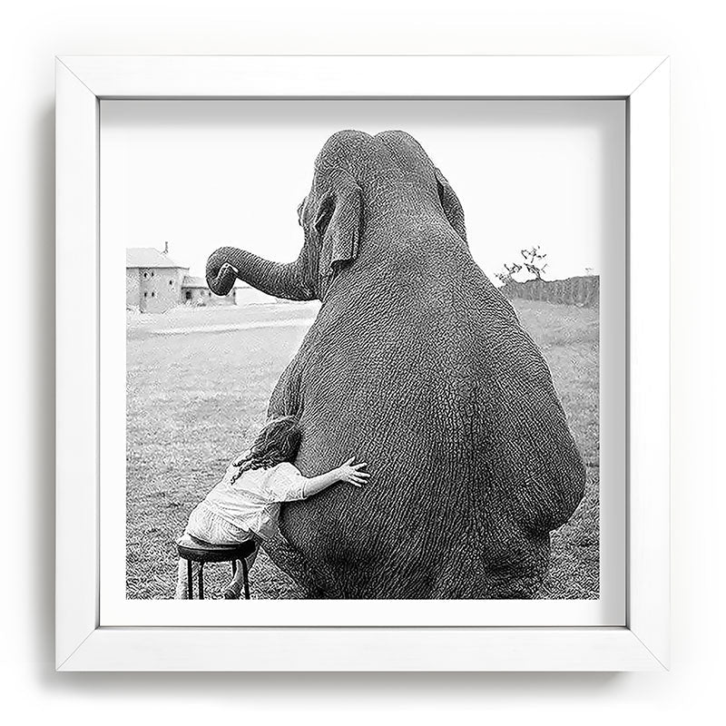 Odd Best Friends, Sweet Little Girl hugging elephant black and white photograph Framed Art Print Gallery Image 114