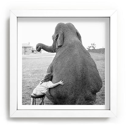 Odd Best Friends, Sweet Little Girl hugging elephant black and white photograph Framed Art Print Gallery Image 114