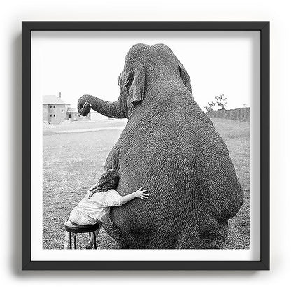 Odd Best Friends, Sweet Little Girl hugging elephant black and white photograph Framed Art Print Gallery Image 93