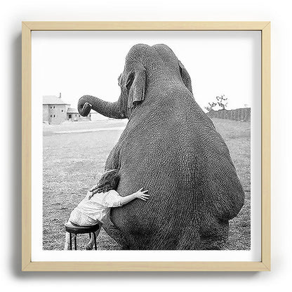 Odd Best Friends, Sweet Little Girl hugging elephant black and white photograph Framed Art Print Gallery Image 109