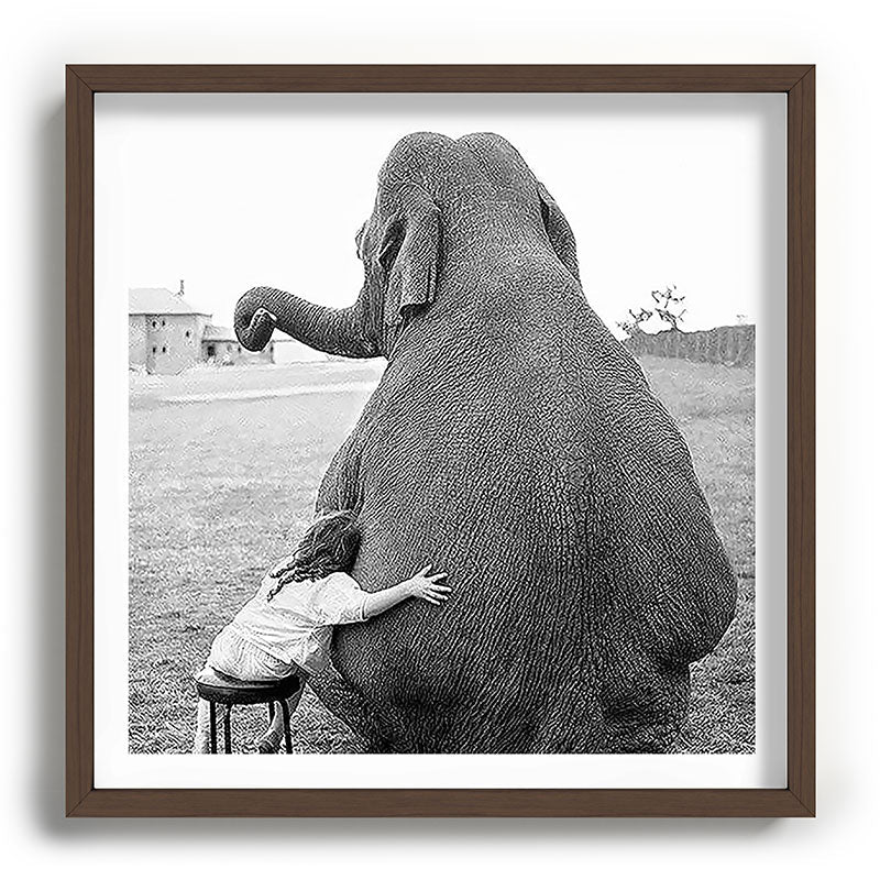 Odd Best Friends, Sweet Little Girl hugging elephant black and white photograph Framed Art Print Gallery Image 101