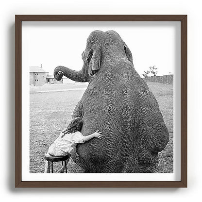 Odd Best Friends, Sweet Little Girl hugging elephant black and white photograph Framed Art Print Gallery Image 101