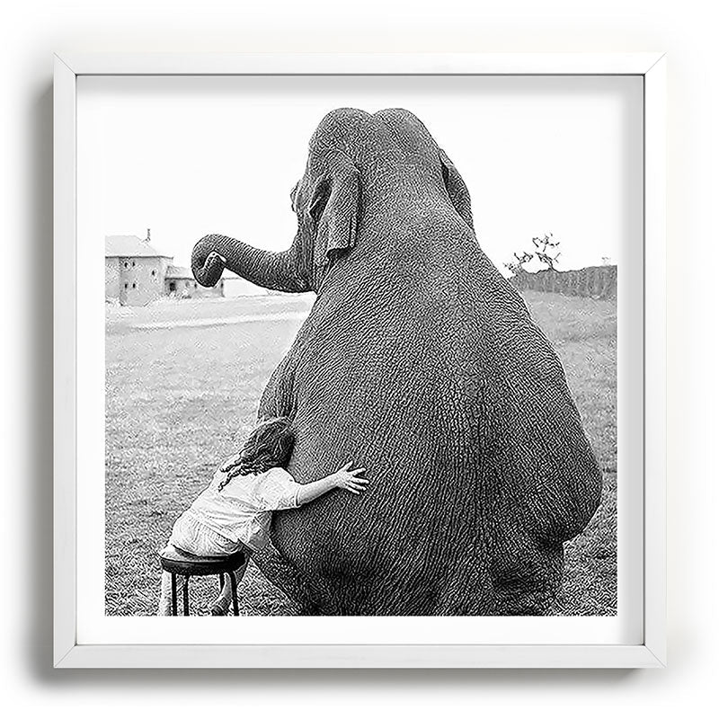 Odd Best Friends, Sweet Little Girl hugging elephant black and white photograph Framed Art Print Gallery Image 118
