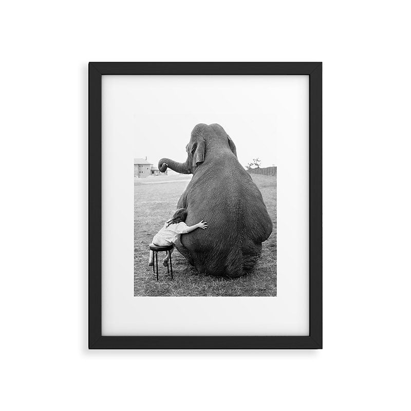 Odd Best Friends, Sweet Little Girl hugging elephant black and white photograph Framed Art Print Gallery Image 1