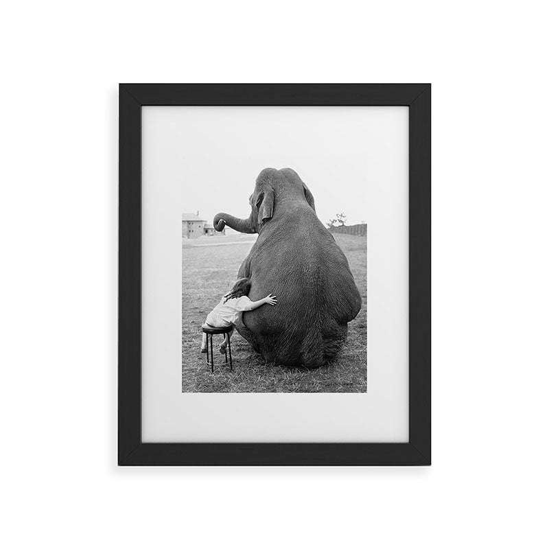 Odd Best Friends, Sweet Little Girl hugging elephant black and white photograph Framed Art Print Gallery Image 45