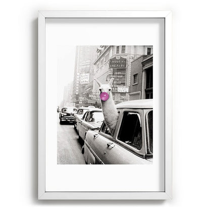 Perfect Pink Bubble Gum Llama taking a New York Taxi black and white photograph Framed Art Print Gallery Image 105