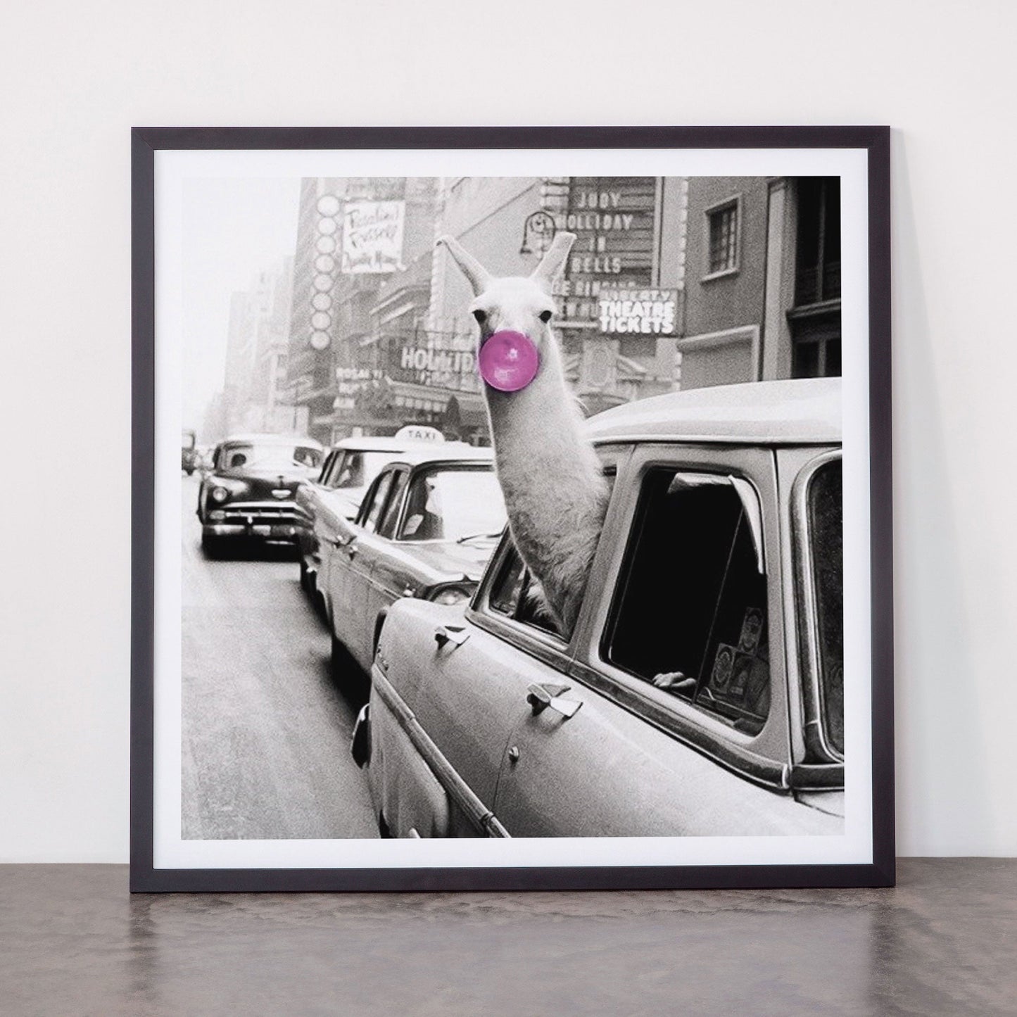 Perfect Pink Bubble Gum Llama taking a New York Taxi black and white photograph Framed Art Print Gallery Image 55