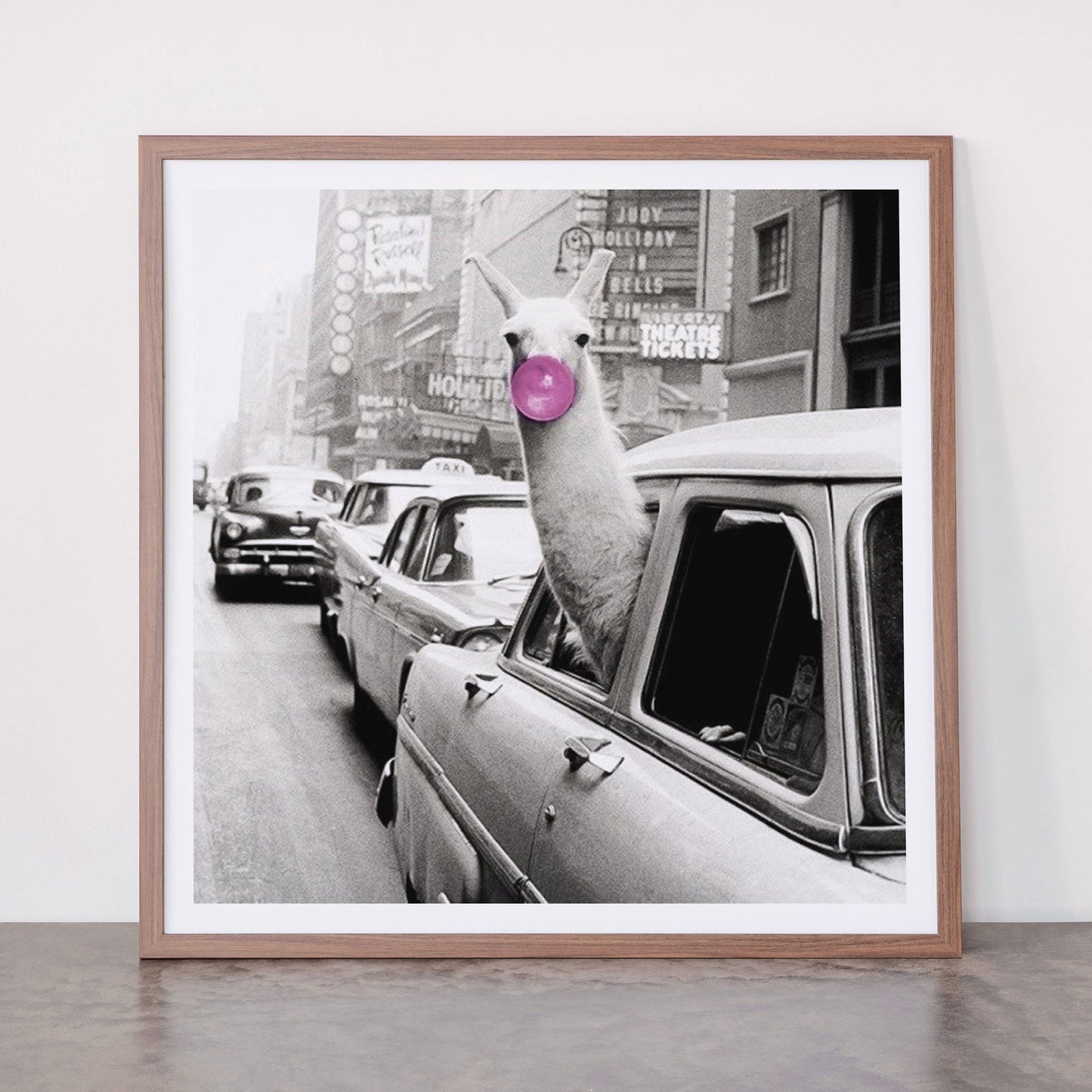 Perfect Pink Bubble Gum Llama taking a New York Taxi black and white photograph Framed Art Print Gallery Image 66