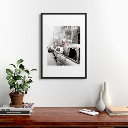 Perfect Pink Bubble Gum Llama taking a New York Taxi black and white photograph Framed Art Print Gallery Image 8